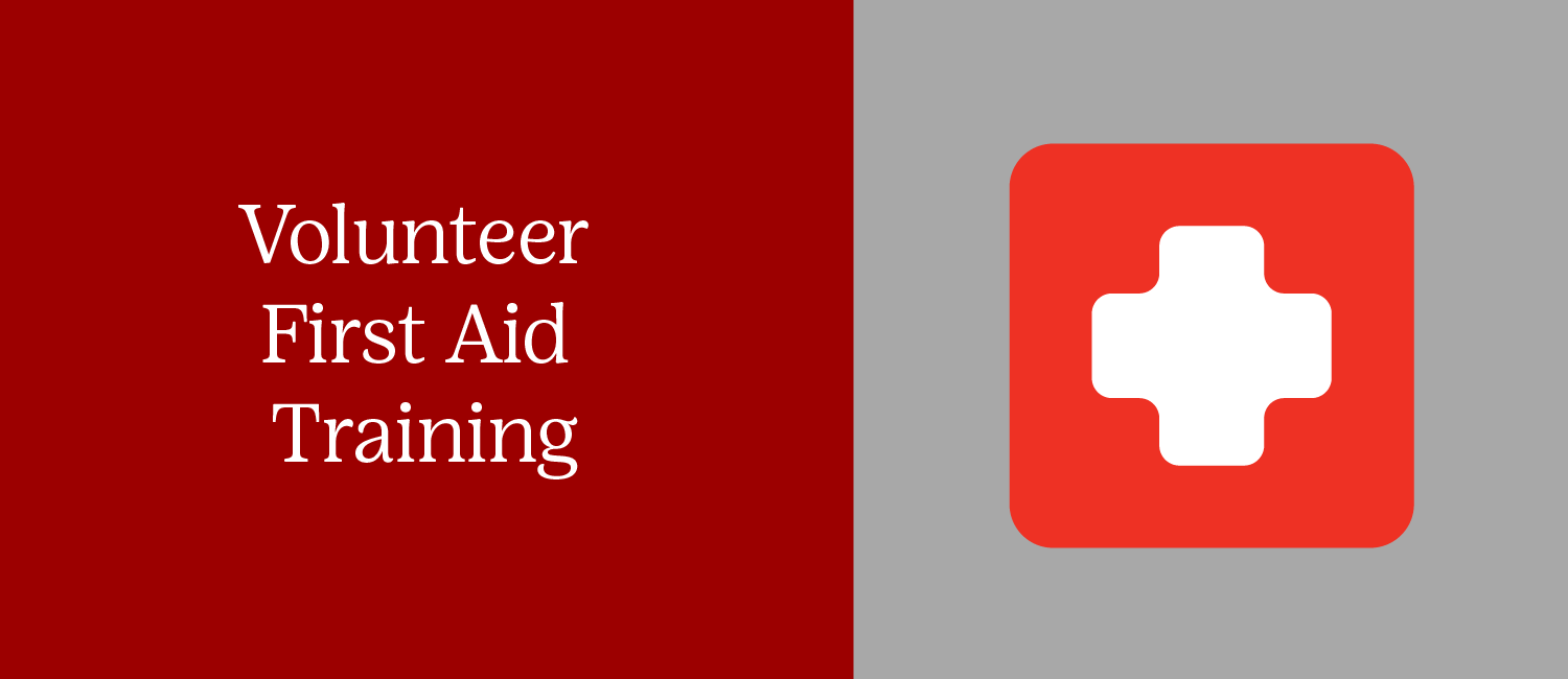 volunteer first aid training graphic with first aid symbol; red and gray