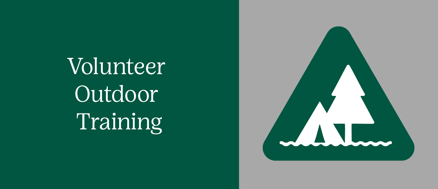 volunteer outdoor training graphic; green, white and gray tree and tent